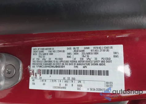 2022 Ford Escape Sel из США, поврежденный, VIN 1FMCU0H63NUB60301